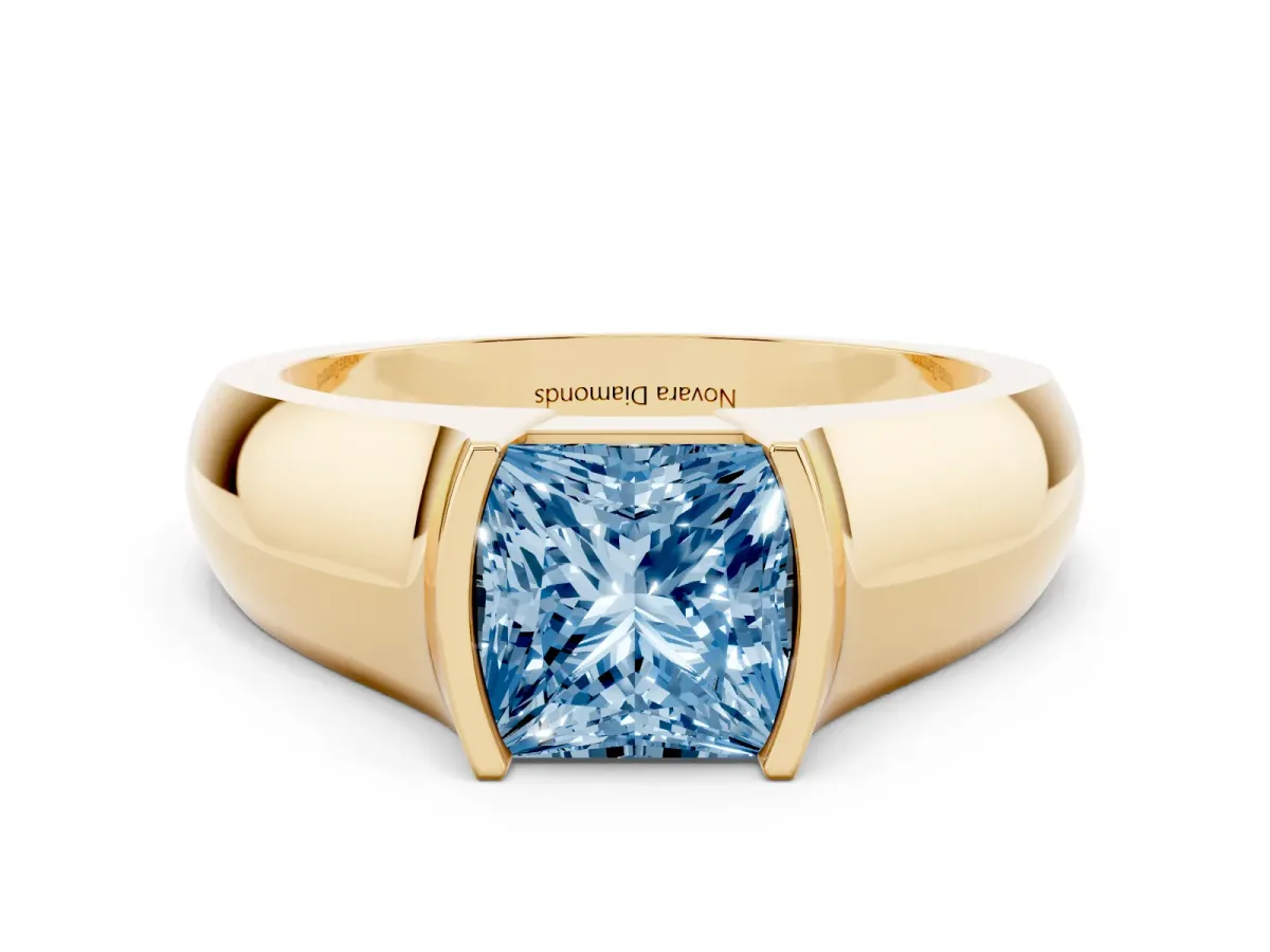 Fancy Blue Princess Cut Diamond Bezel Solitaire Ring Set in Yellow gold with Wide Band