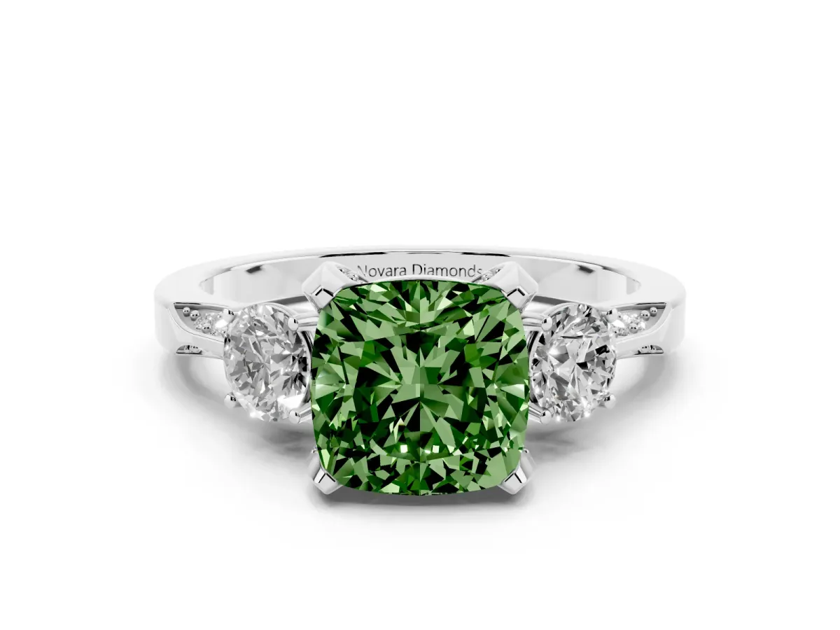Fancy Green Cushion Cut Diamond Three-Stone Ring Set in Platinum with Pavé Band and Smaller Side Stones