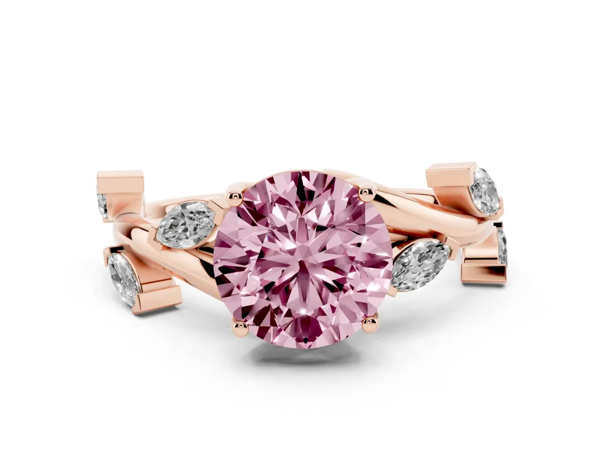Fancy Pink Round Cut Diamond Solitaire Ring Set in Rose gold with Twisted Marquise Accent Band