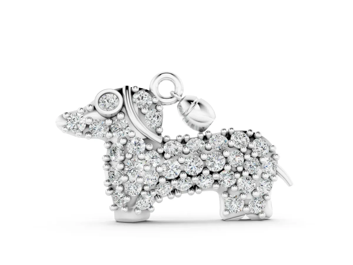 Pavé Round Diamond Dachshund Pendant Set in Silver with Prong Setting