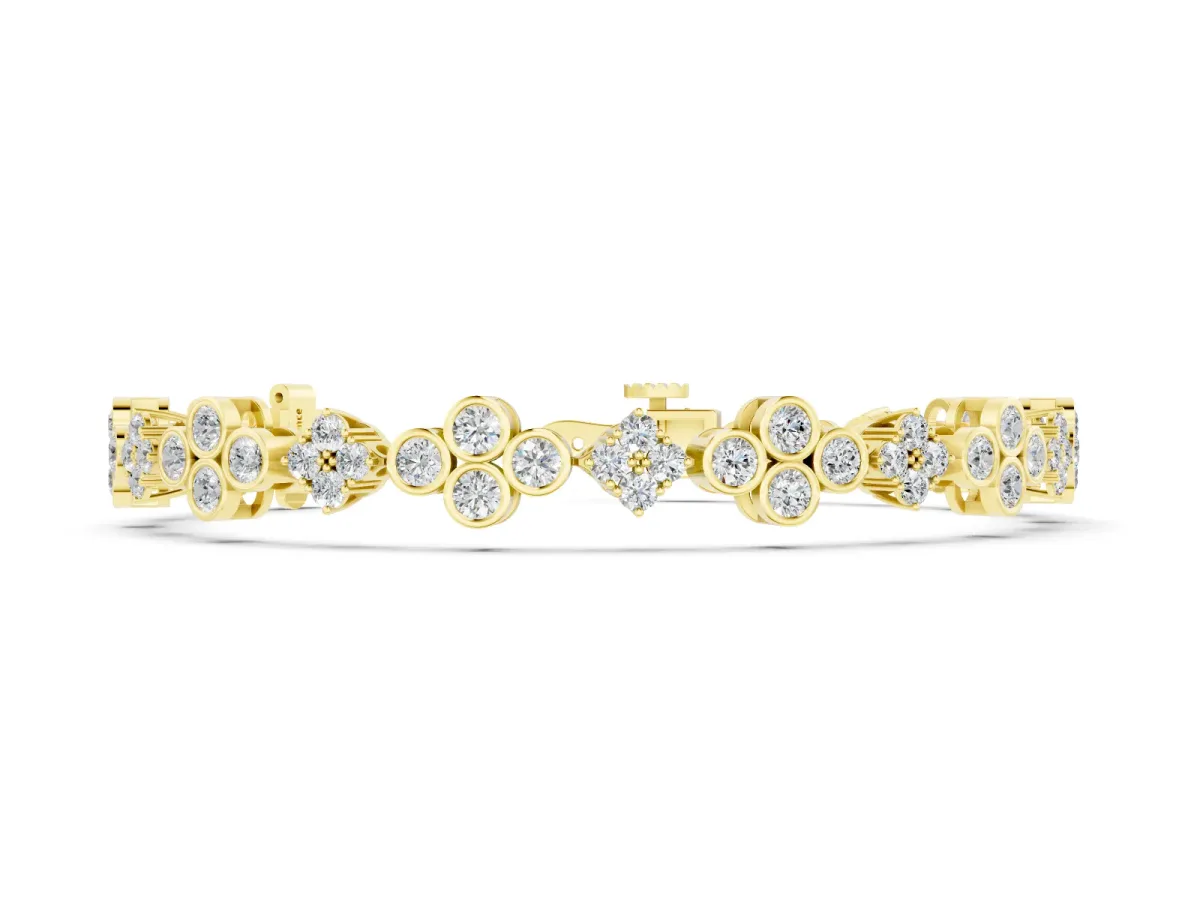 Round Diamond Cluster Tennis Bracelet Set in Yellow gold with Bezel Setting and Four-Prong Clasp