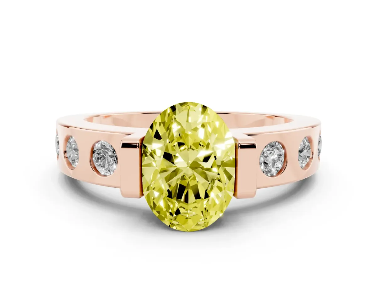 Fancy Yellow Oval Cut Diamond Channel-Set Band Ring Set in Rose gold with Bezel Prong Setting