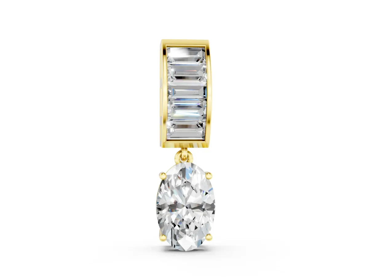 Oval and Baguette Diamond Drop Pendant Set in Yellow gold with Baguette-Accented Bail