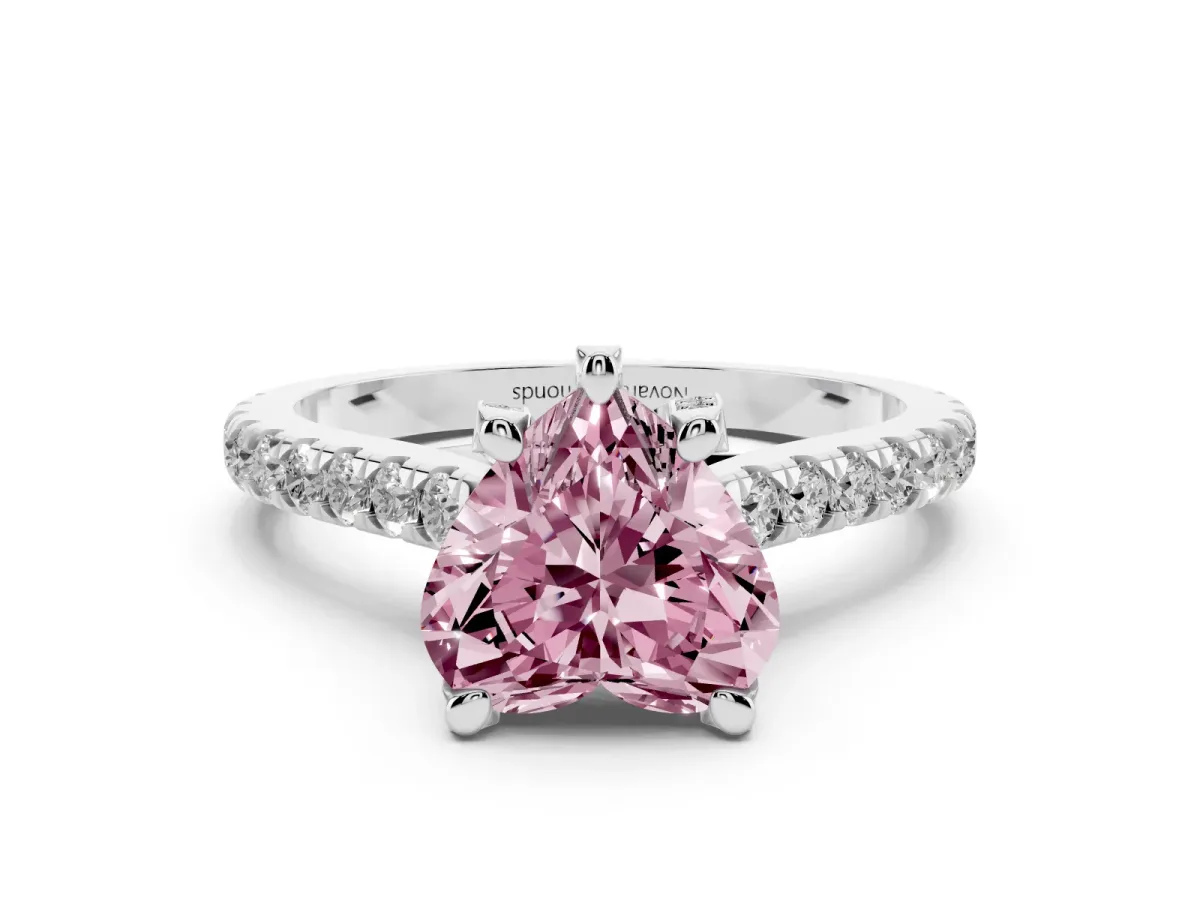 Fancy Pink Heart Cut Diamond Solitaire Ring Set in Platinum with Brilliant Pavé Band and Prong Setting