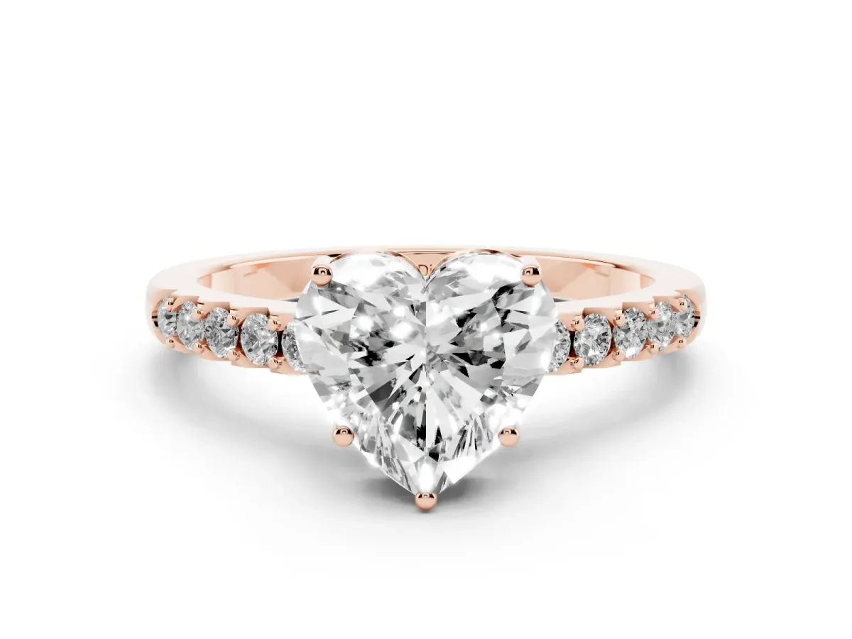 Heart Cut Diamond Solitaire Engagement Ring Set in Rose gold with Pavé Band and Prong Setting