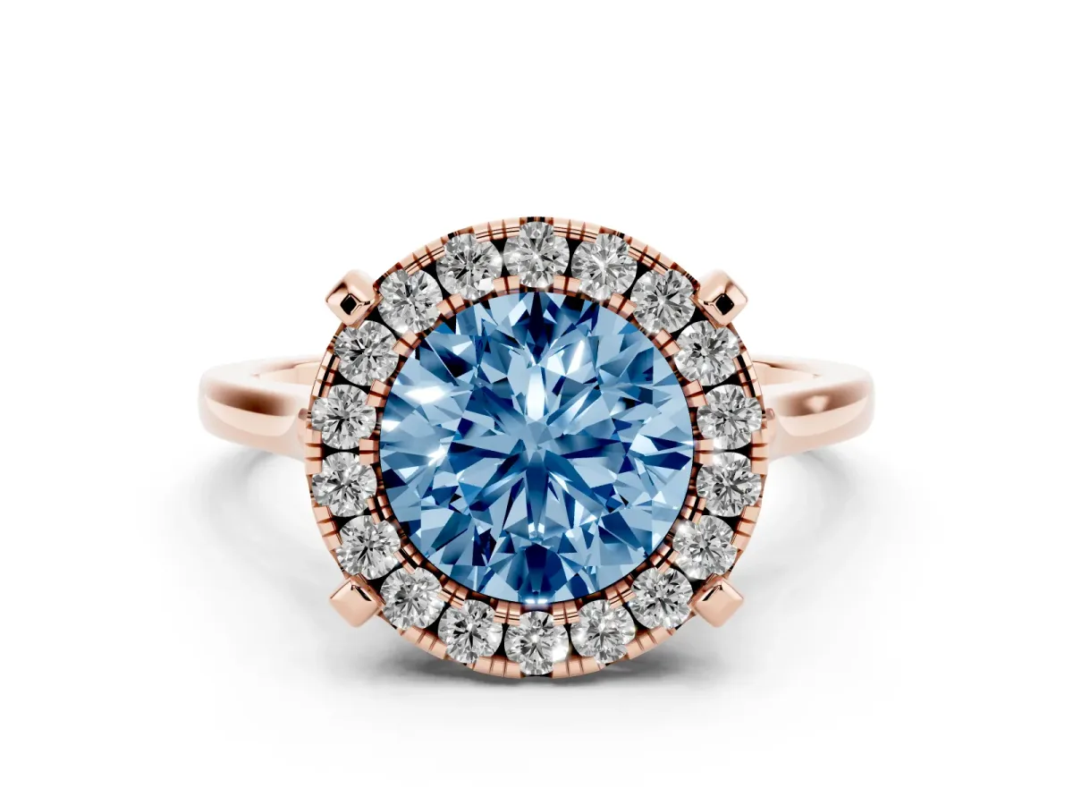 Fancy Blue Round Cut Diamond Cluster Halo Solitaire Ring Set in Rose gold with Prong Setting