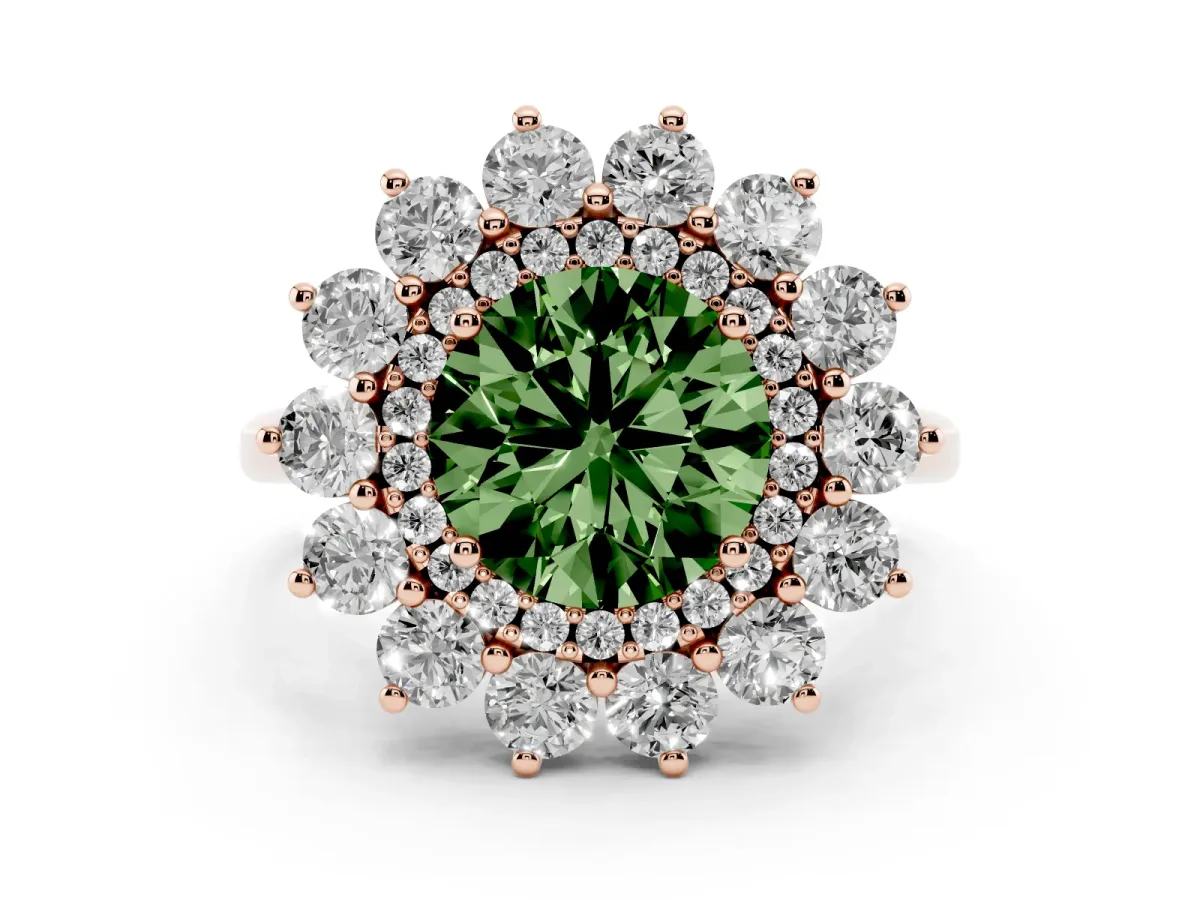 Fancy Green Round Cut Diamond Floral Double Halo Ring Set in Rose gold with Round Petals