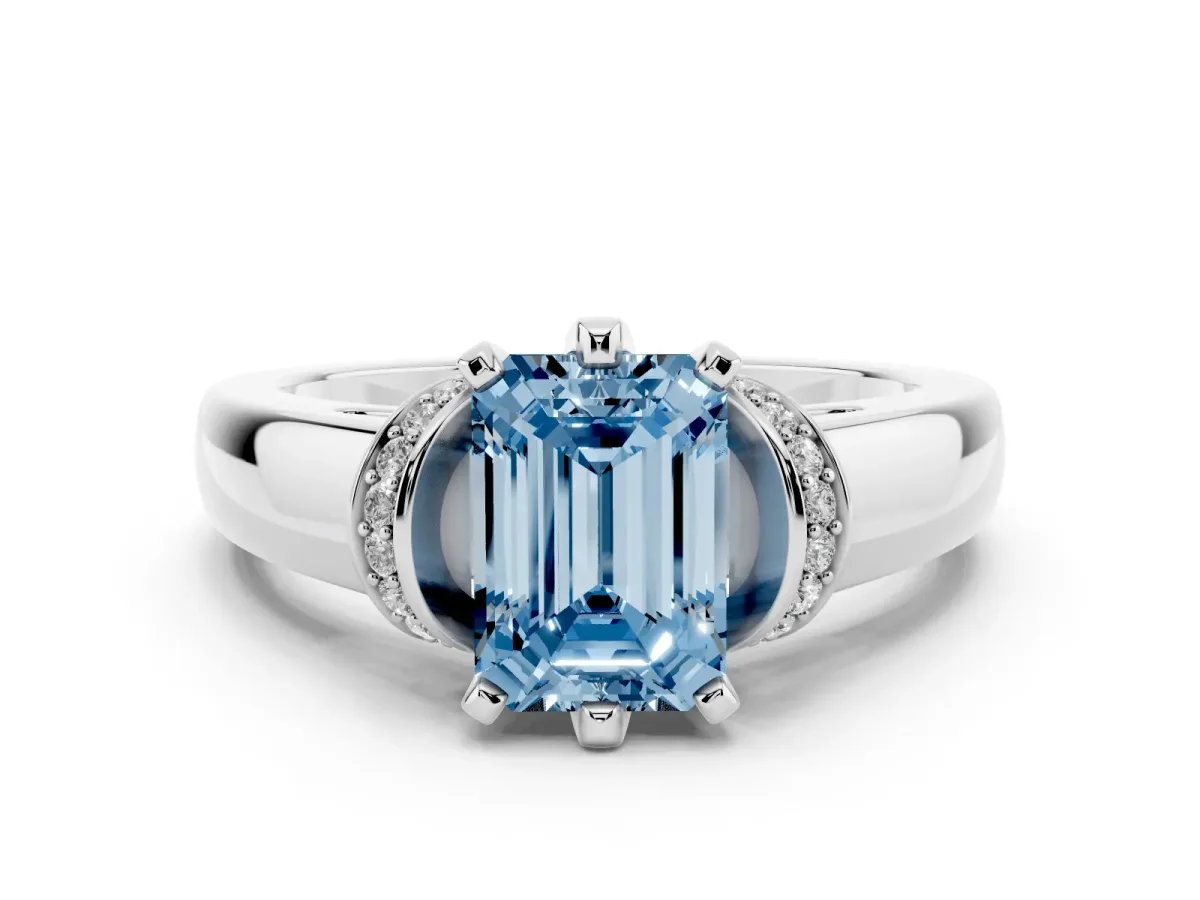 Fancy Blue Emerald Cut Diamond Pavé Band Solitaire Ring Set in Platinum with Prong Setting