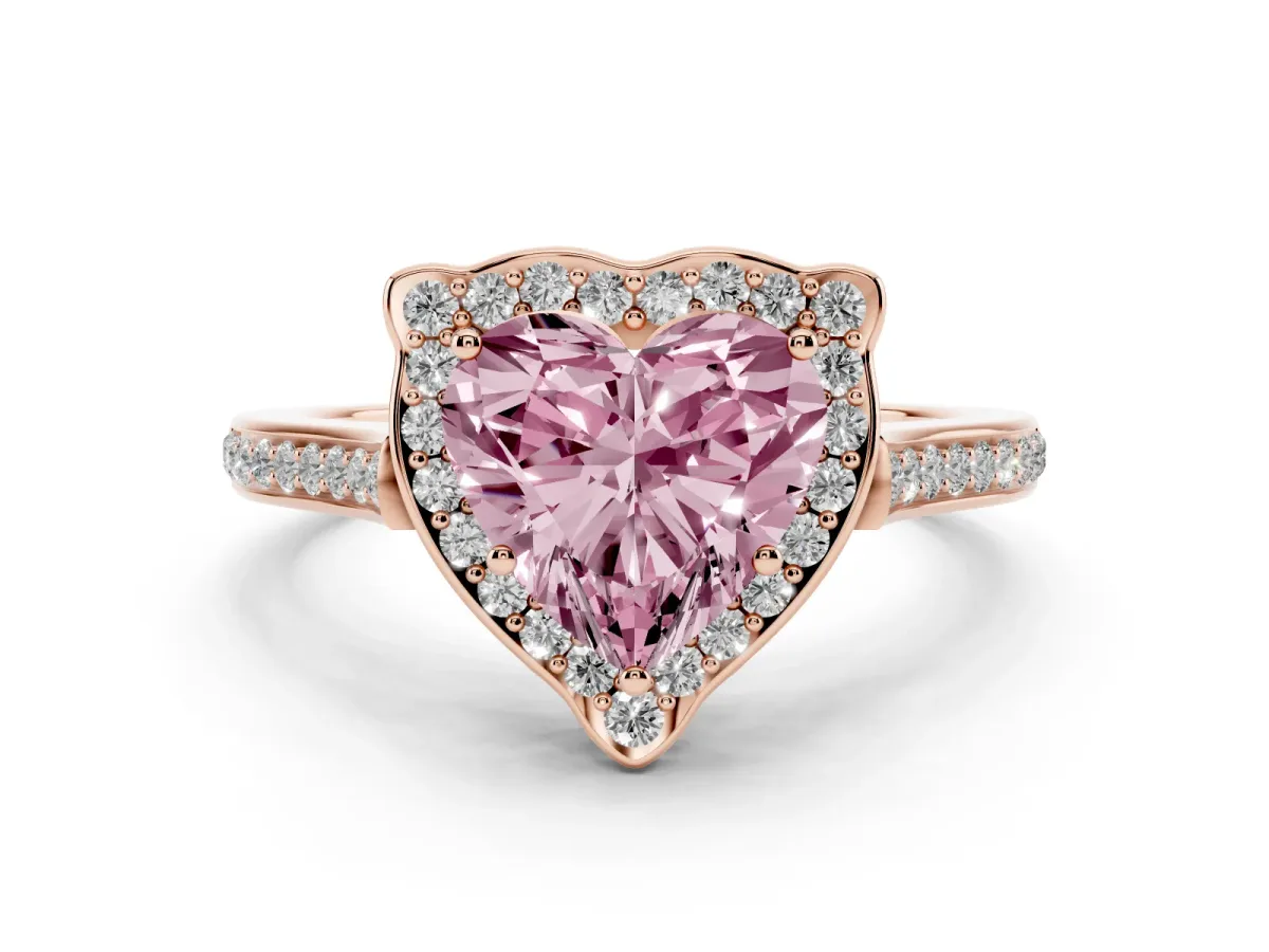 Fancy Pink Heart Cut Diamond Halo Ring Set in Rose gold with Pavé-Lined Shoulders and Prong Setting