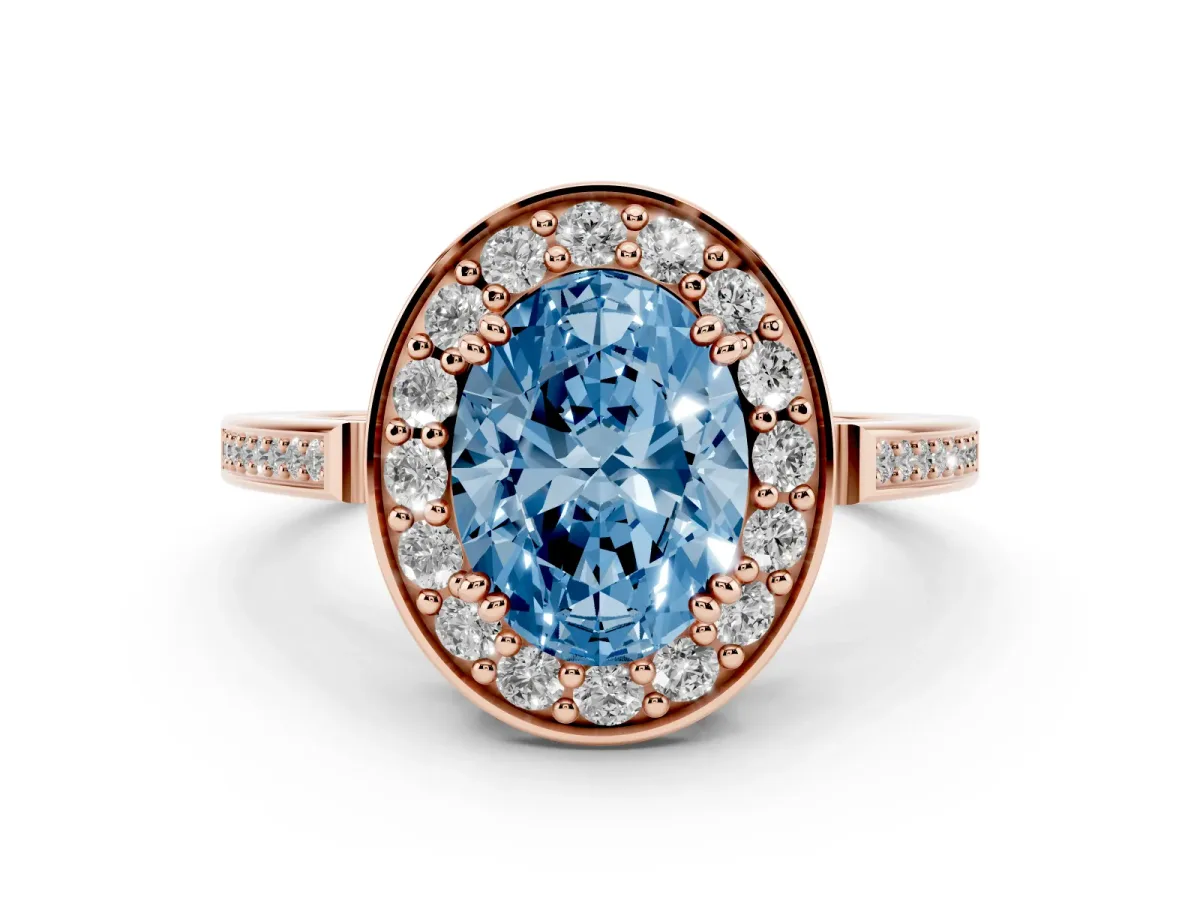 Fancy Blue Oval Cut Diamond Halo Ring Set in Rose gold with Accent-Lined Split Shank and Prong Setting
