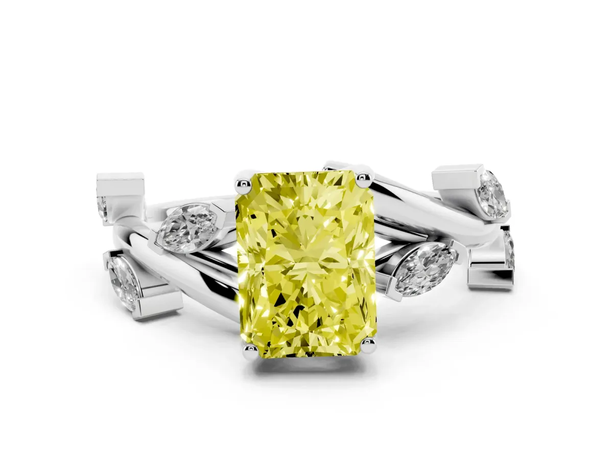 Fancy Yellow Radiant Cut Diamond Solitaire Ring Set in Platinum with Twisted Marquise Accent Band