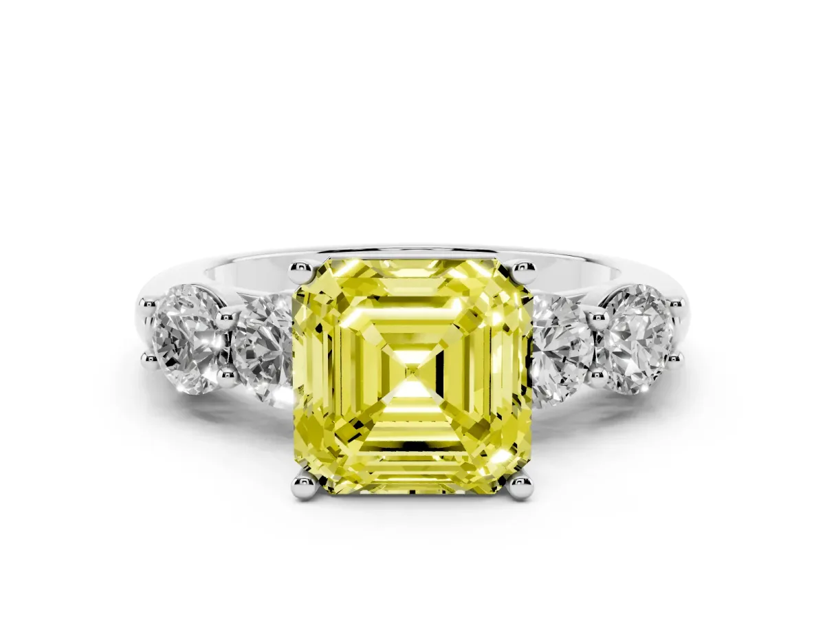 Fancy Yellow Asscher Cut Diamond Five-Stone Prong Set Ring Set in Silver with Classic Band