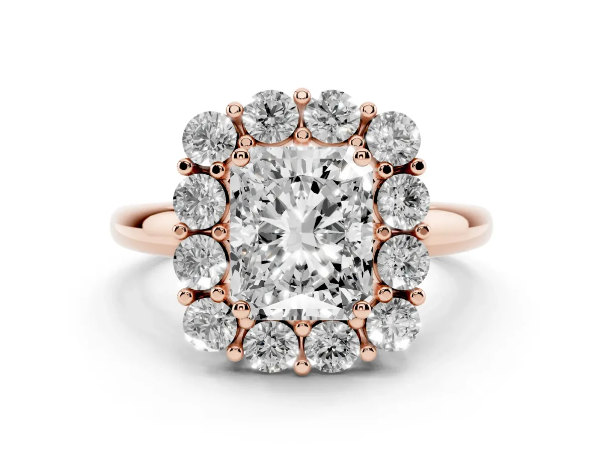 Radiant Cut Diamond Halo Cluster Engagement Ring Set in Rose gold with Polished Band and Prong Setting