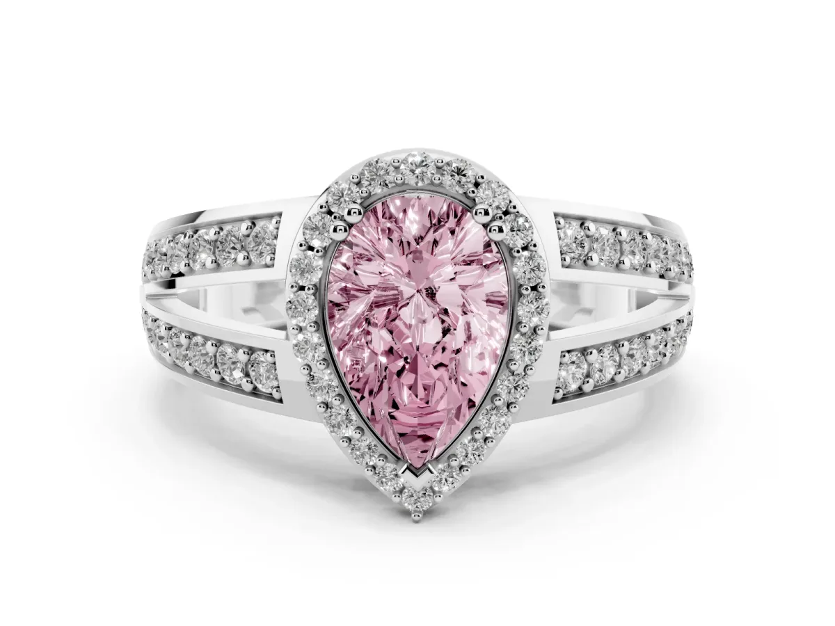 Fancy Pink Pear Cut Diamond Halo Ring Set in Platinum with Double Pavé Split Shank