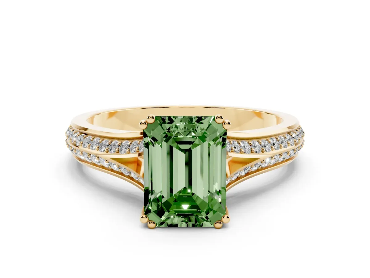 Fancy Green Emerald Cut Diamond Split Shank Pavé Engagement Ring Set in Yellow gold with Prong-Set Center Stone