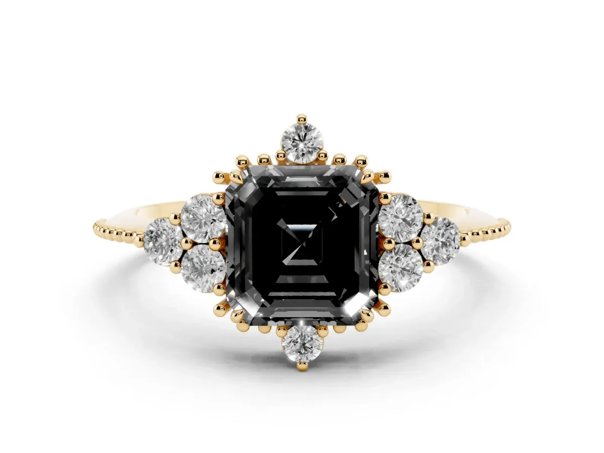 Fancy Black Asscher Cut Diamond Cluster Ring Set in Yellow gold with Beaded Band