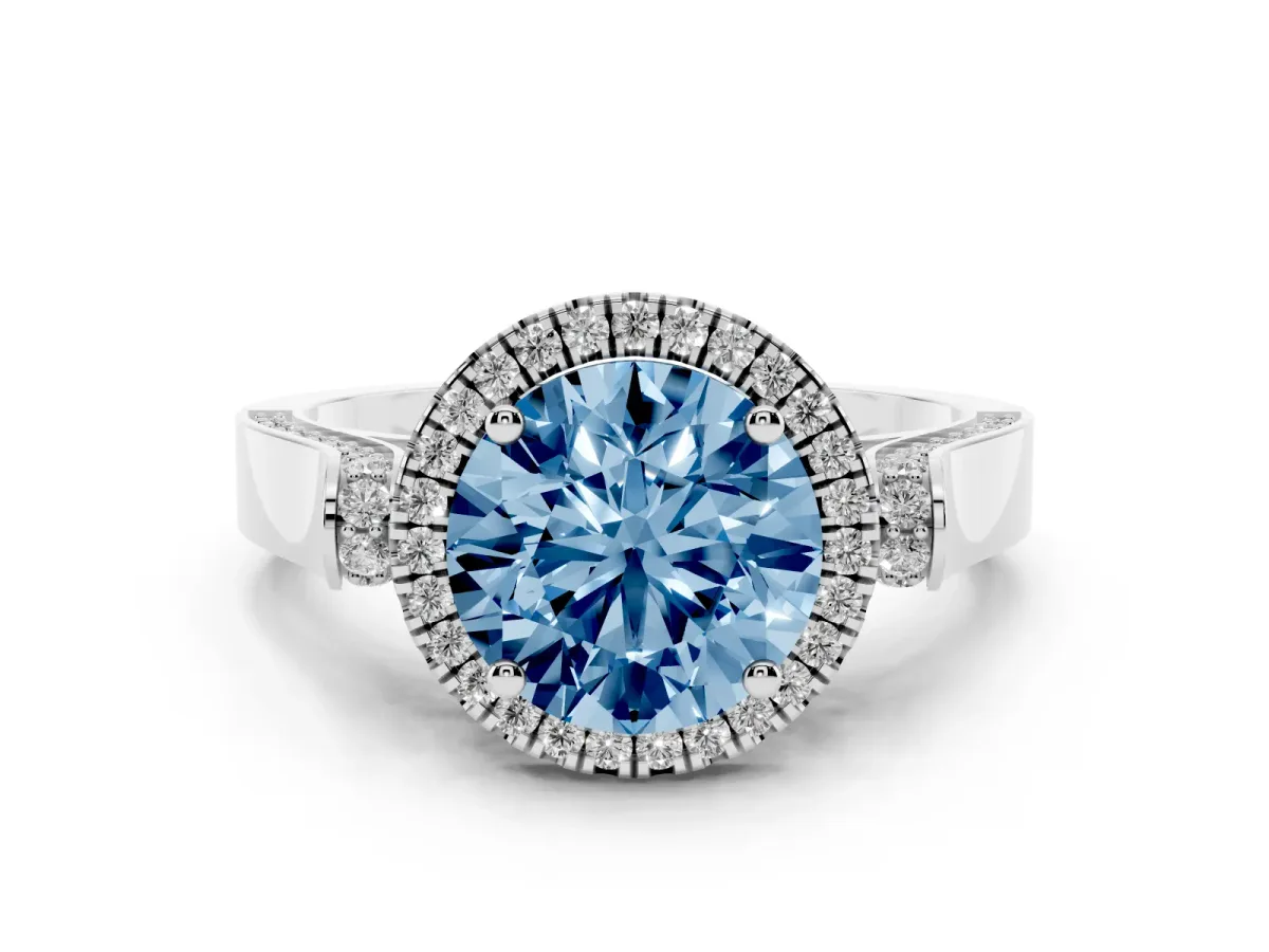 Fancy Blue Round Cut Diamond Halo Ring Set in White gold with Pavé-Lined Split Shank Band