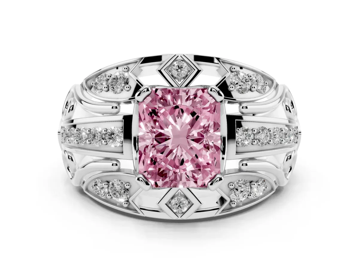Fancy Pink Radiant Cut Diamond Art Deco Ring Set in White gold with Pavé Split Shank