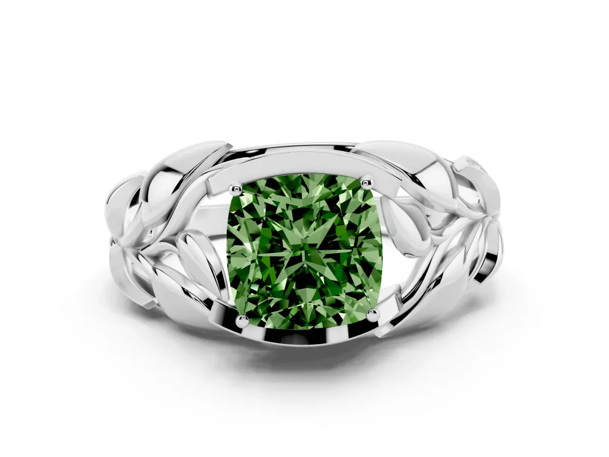 Fancy Green Cushion Cut Diamond Leaf-Inspired Engagement Ring Set in Silver with Round Accents
