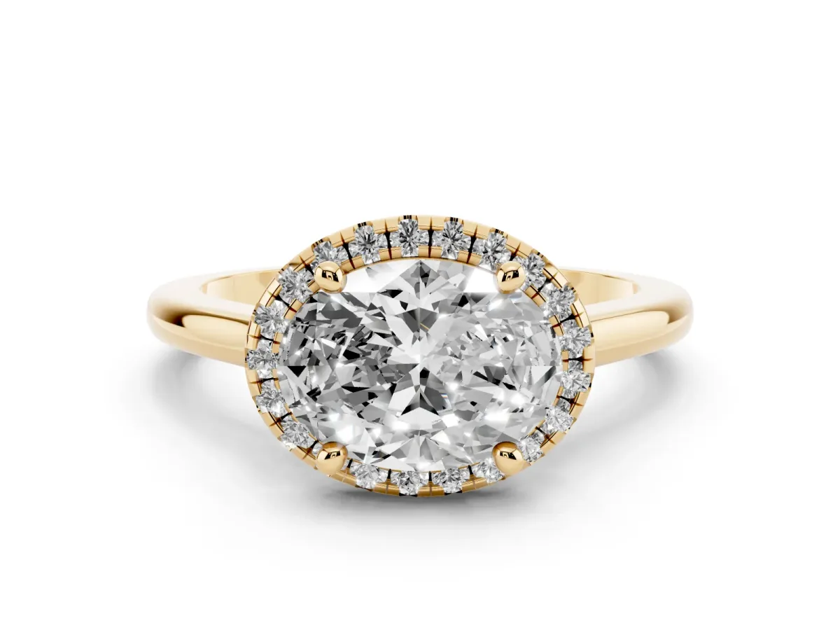 Oval Cut Diamond Halo Engagement Ring Set in Yellow gold with Pavé Band and Rising Shoulders