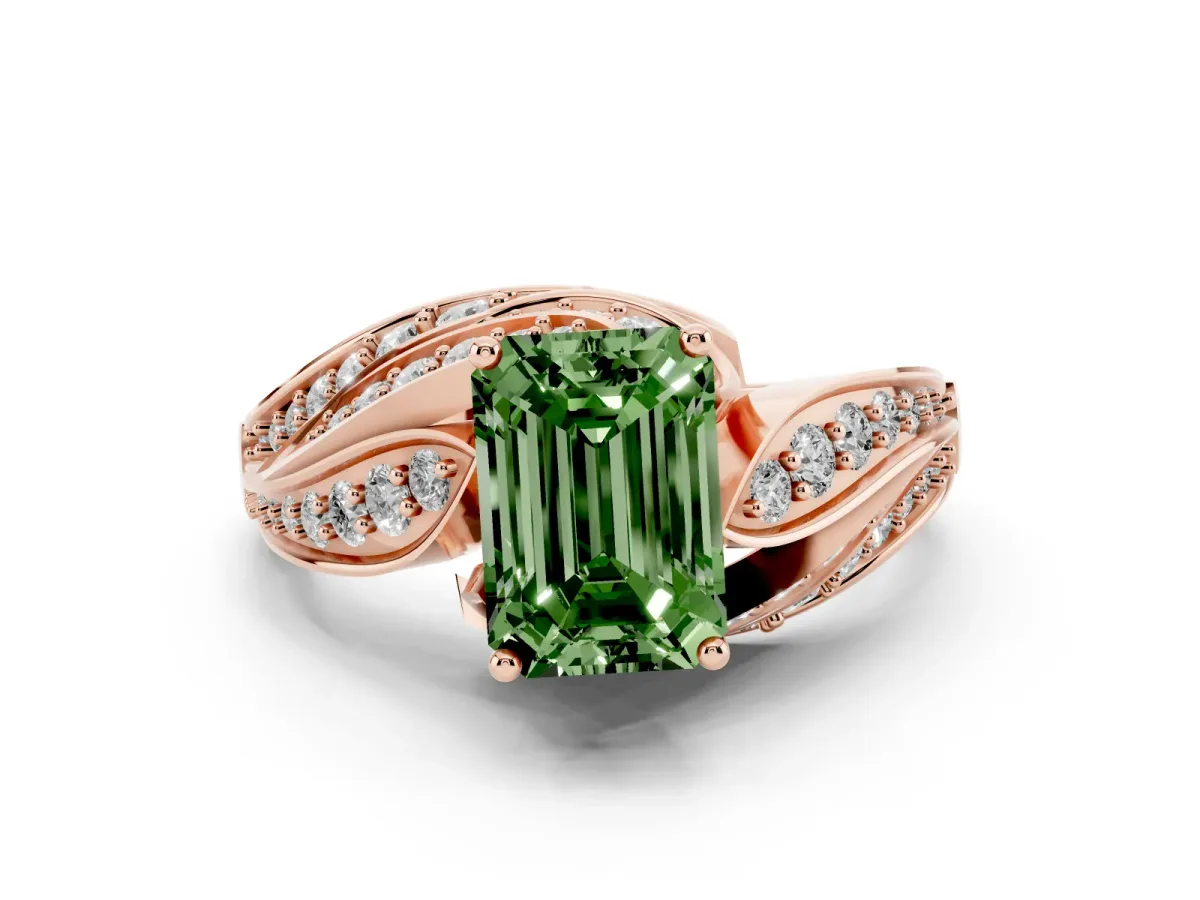 Fancy Green Emerald Cut Diamond Solitaire Ring Set in Rose gold with Layered Twist Pavé Band
