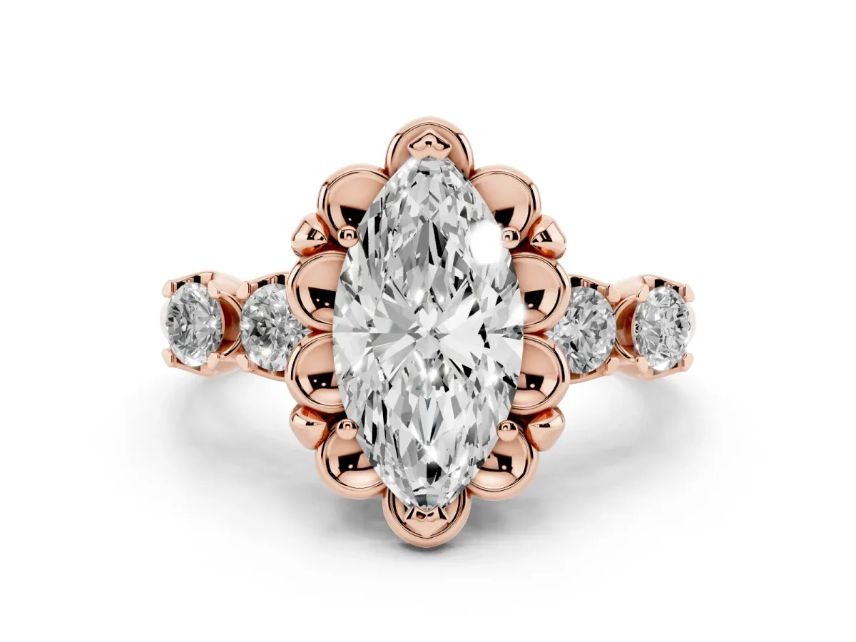 Marquise Cut Diamond Floral Halo Ring Set in Rose gold with Shared Prong Band