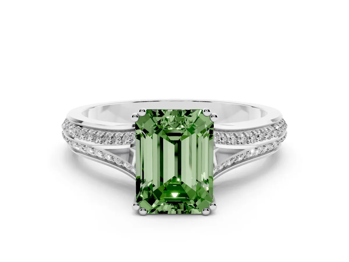 Fancy Green Emerald Cut Diamond Split Shank Pavé Engagement Ring Set in Silver with Prong-Set Center Stone