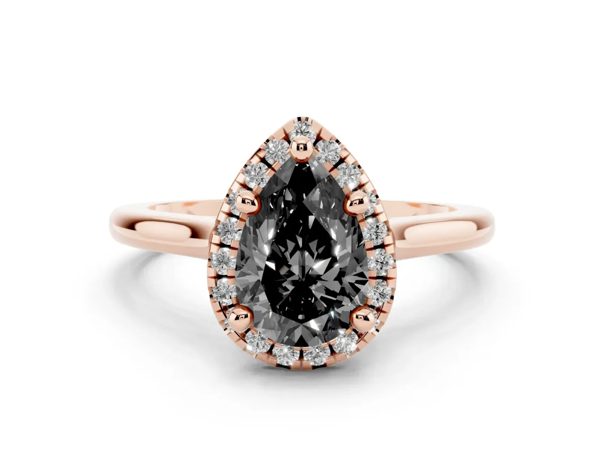 Fancy Black Pear Cut Diamond Halo Engagement Ring Set in Rose gold with Pavé Band and Rising Shoulders