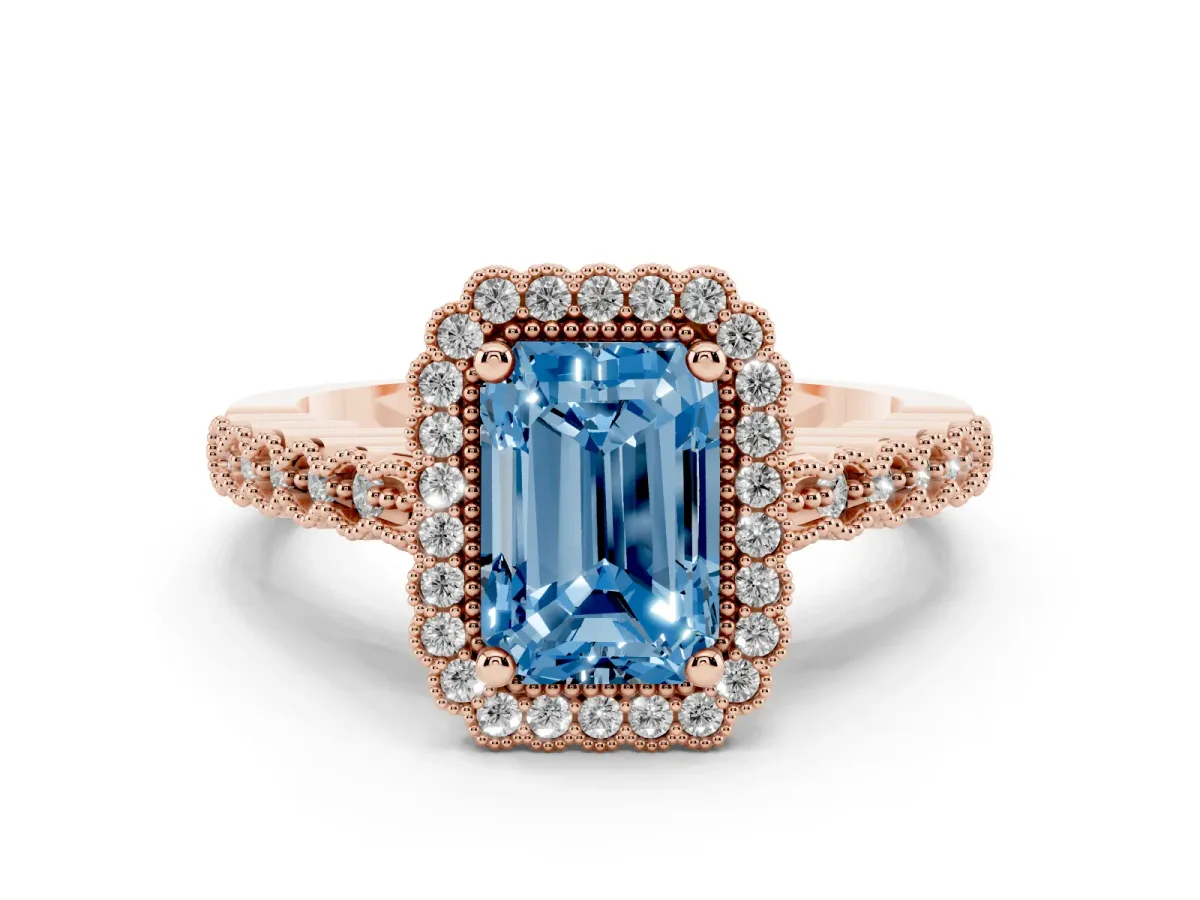 Fancy Blue Radiant Cut Diamond Halo Ring Set in Rose gold with Pavé Milgrain Band