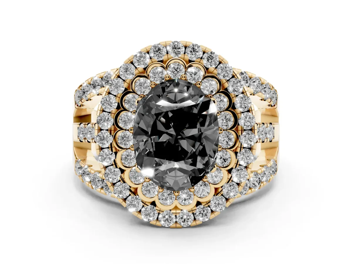 Fancy Black Oval Cut Diamond Double Halo Ring Set in Yellow gold with Round Pavé Split Shank