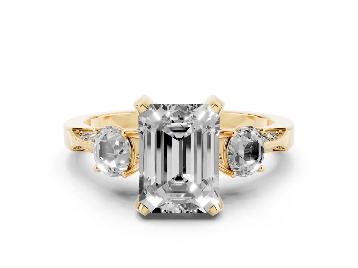 Fancy Green Emerald Cut Diamond Three-Stone Ring Set in Yellow gold with Pavé Band and Smaller Side Stones