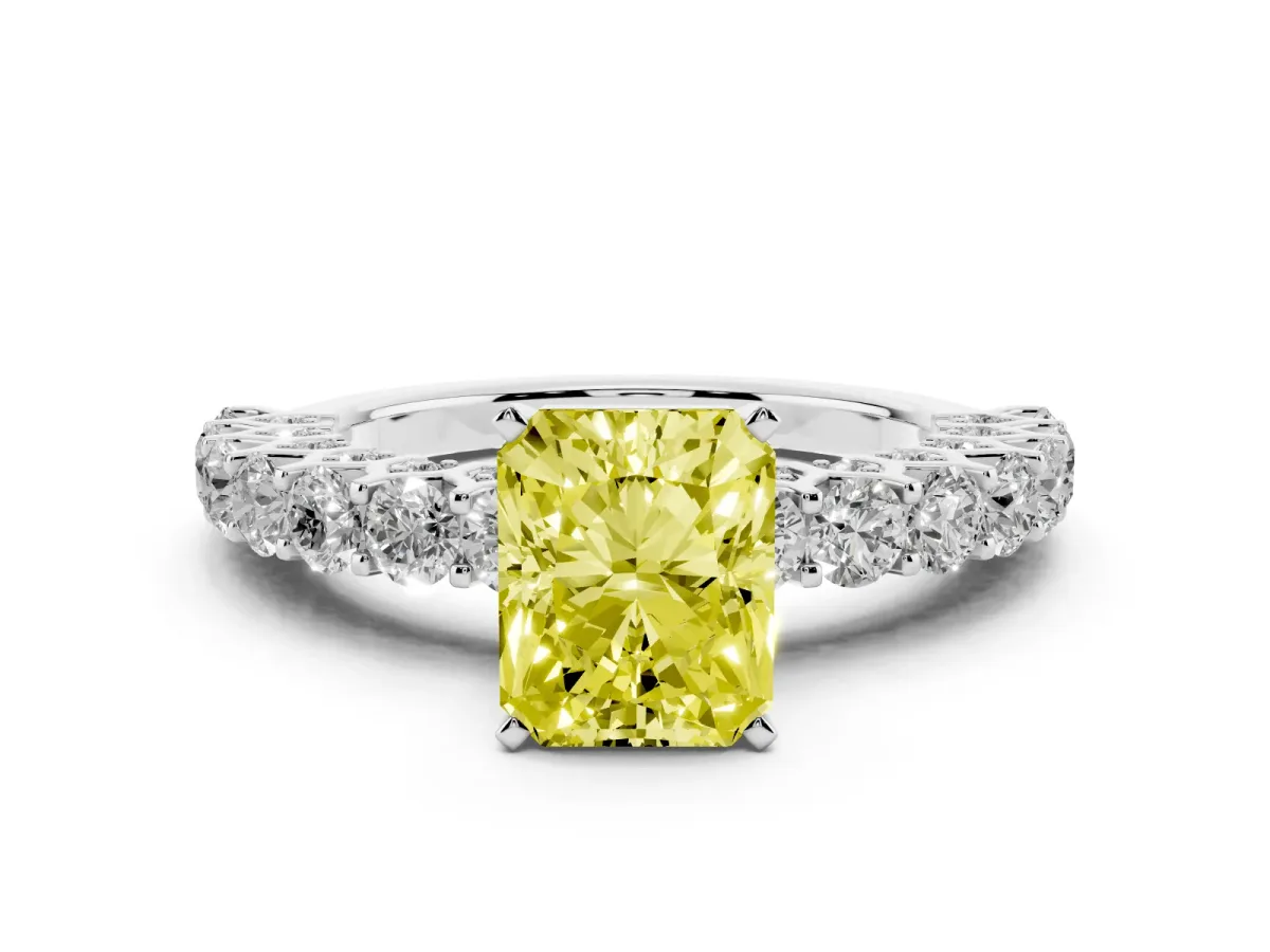 Fancy Yellow Radiant Cut Diamond Solitaire Ring Set in Platinum with Shared Prong Pavé Band