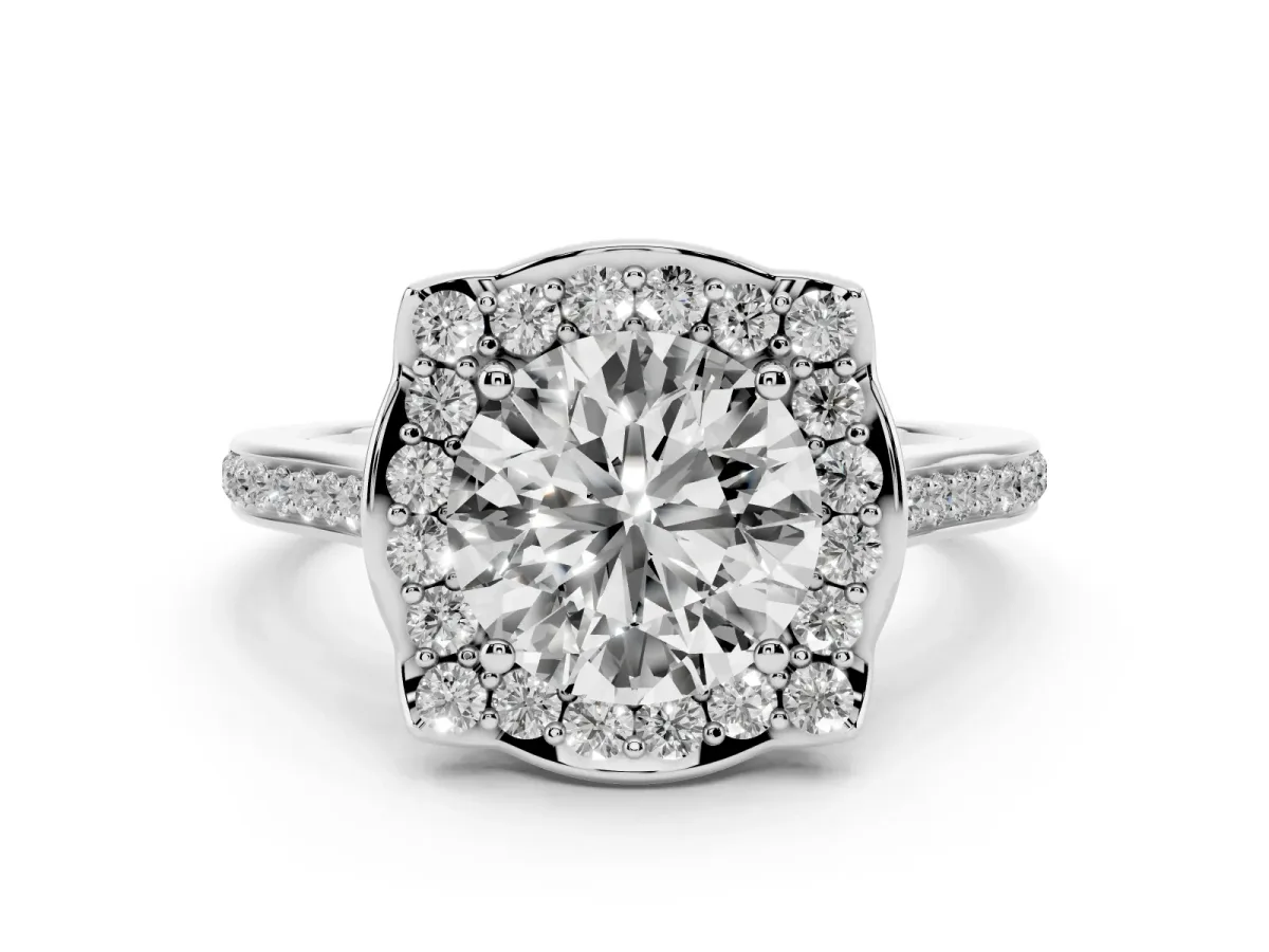 Round Cut Diamond Halo Ring Set in Platinum with Pavé-Lined Shoulders and Prong Setting