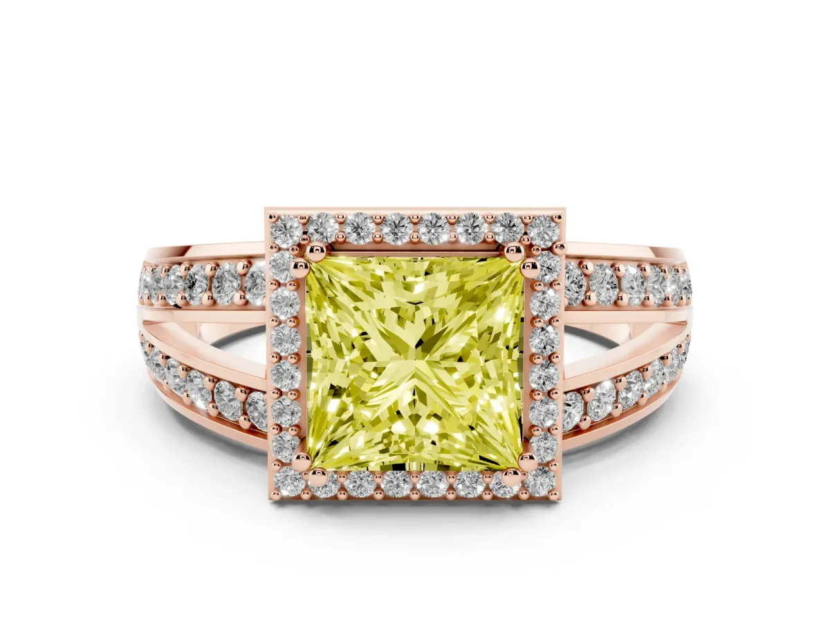 Fancy Yellow Princess Cut Diamond Halo Ring Set in Rose gold with Double Pavé Split Shank