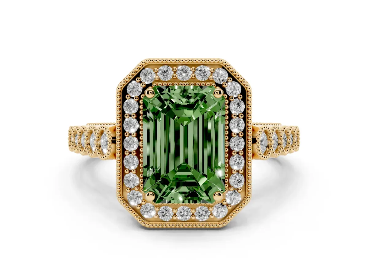 Fancy Green Emerald Cut Diamond Milgrain Halo Solitaire Ring Set in Yellow gold with Bezel Set Side Stones and Pavé Band