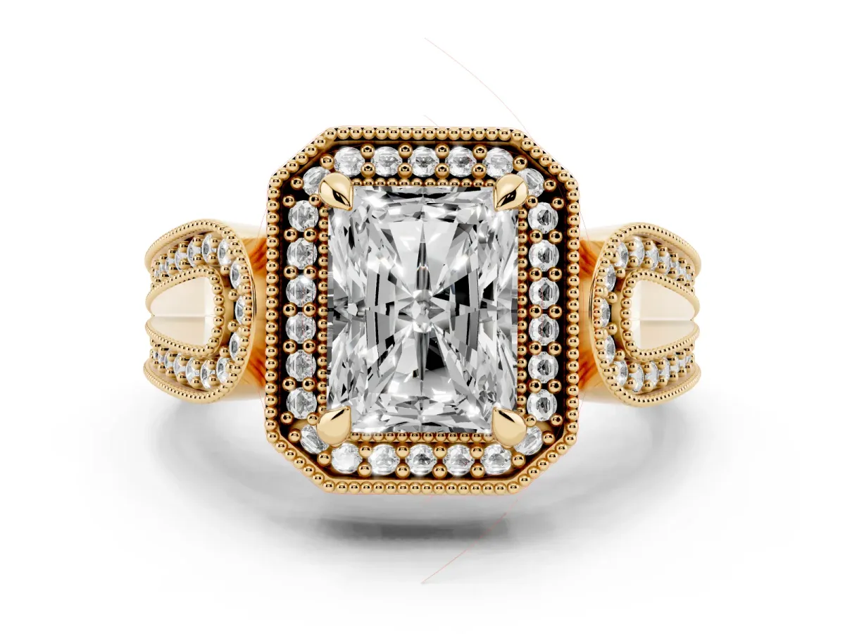 Radiant Cut Diamond Halo Ring Set in Yellow gold with Milgrain Accent Split Shank