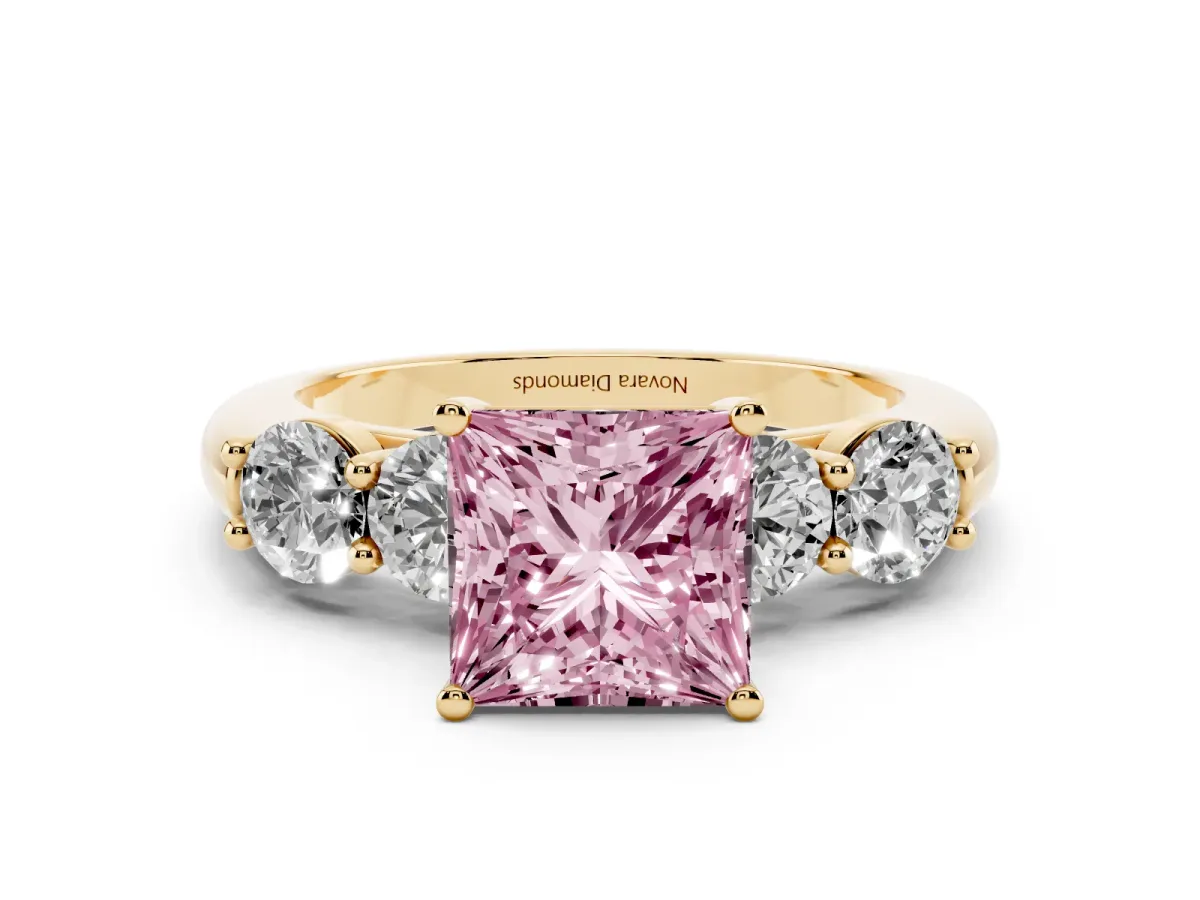 Fancy Pink Princess Cut Diamond Five-Stone Prong Set Ring Set in Yellow gold with Classic Band