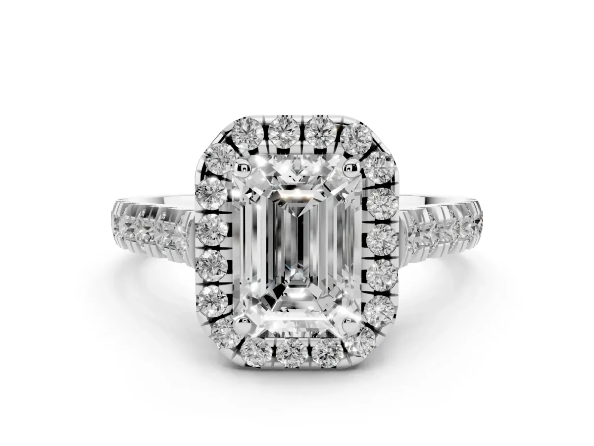 Emerald Cut Diamond Halo Engagement Ring Set in White gold with Pavé Band and Prong-Set Center