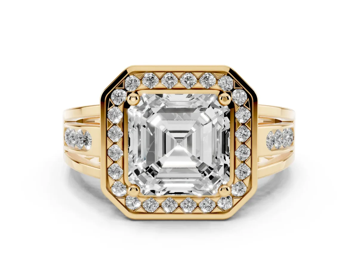 Asscher Cut Diamond Halo Ring Set in Yellow gold with Pavé and Bezel Accent Split Shank