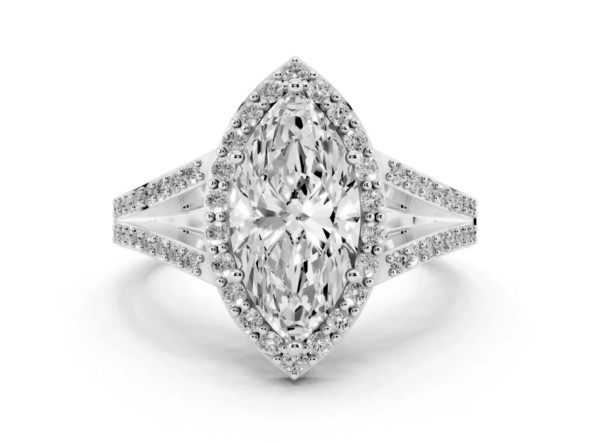 Marquise Cut Diamond Halo Split Shank Pavé Ring Set in White gold with Prong Setting