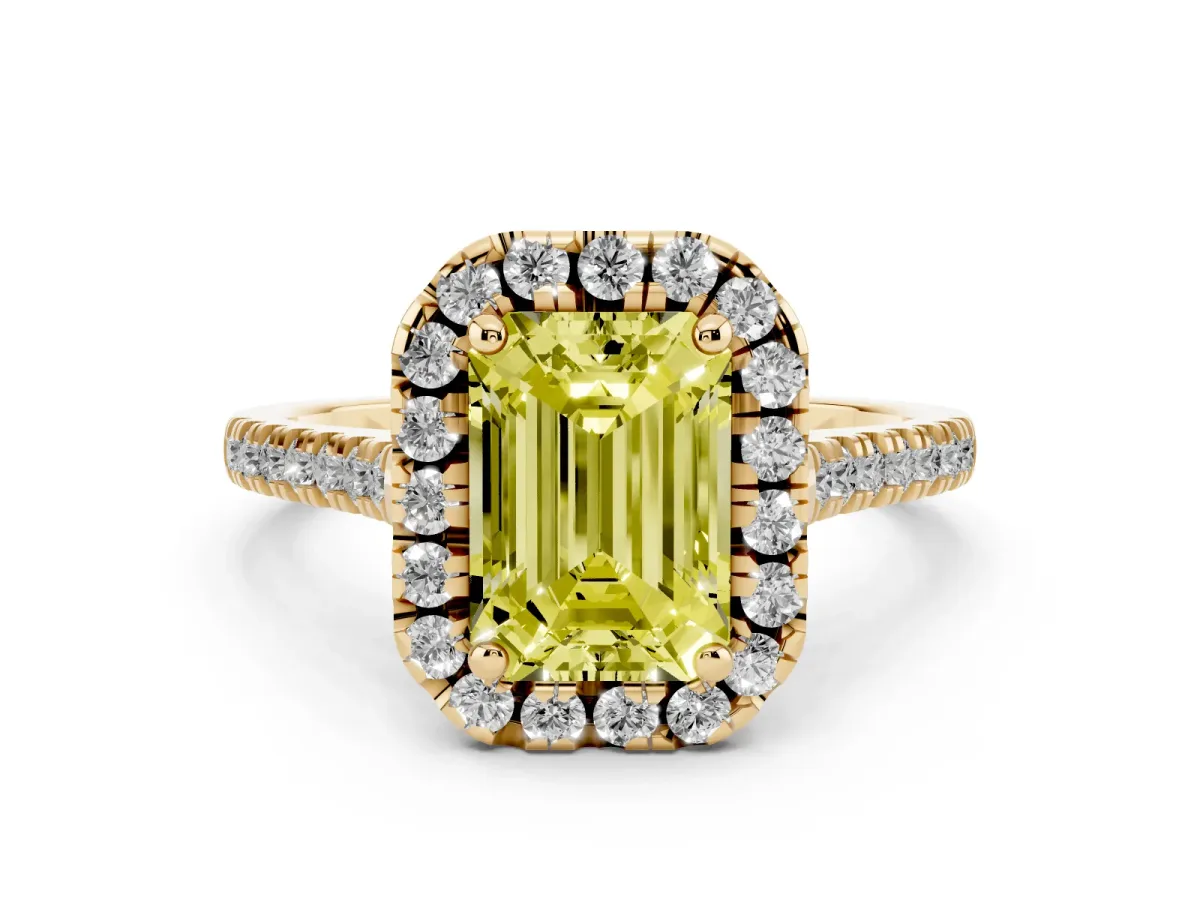 Fancy Yellow Emerald Cut Diamond Cushion Halo Ring Set in Yellow gold with Pavé Band