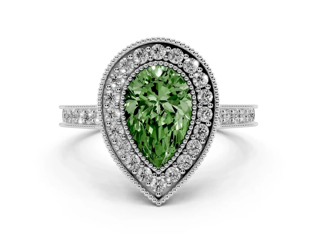 Fancy Green Pear Cut Diamond Halo Milgrain Pavé Band Ring Set in Platinum with Prong Setting