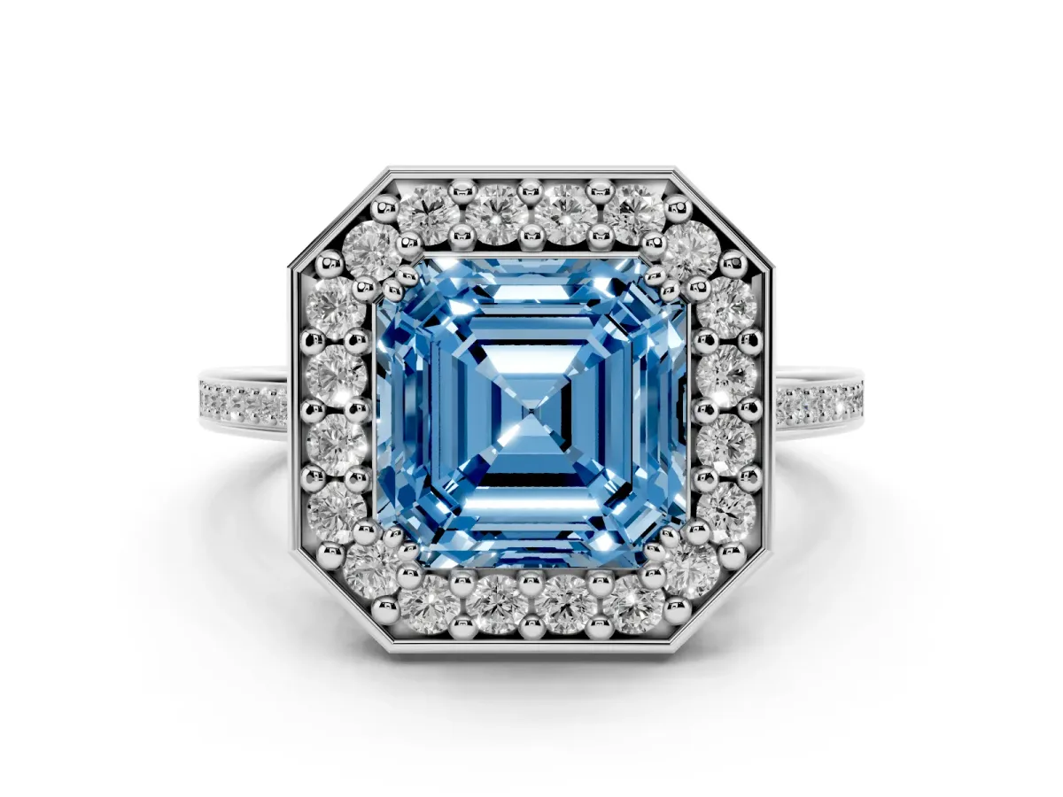 Fancy Blue Asscher Cut Diamond Halo Ring Set in Platinum with Accent-Lined Split Shank and Prong Setting