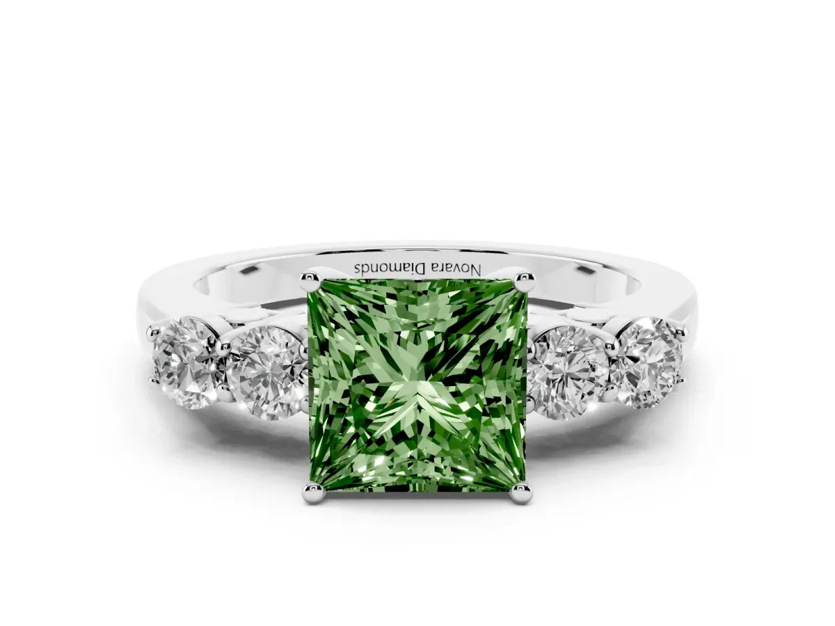 Fancy Green Princess Cut Diamond Five-Stone Prong Set Band Ring Set in Platinum with Polished Band