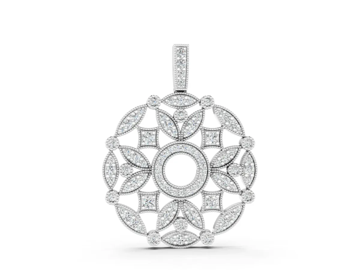 Round Diamond Filigree Pendant Set in Silver with Pavé Setting