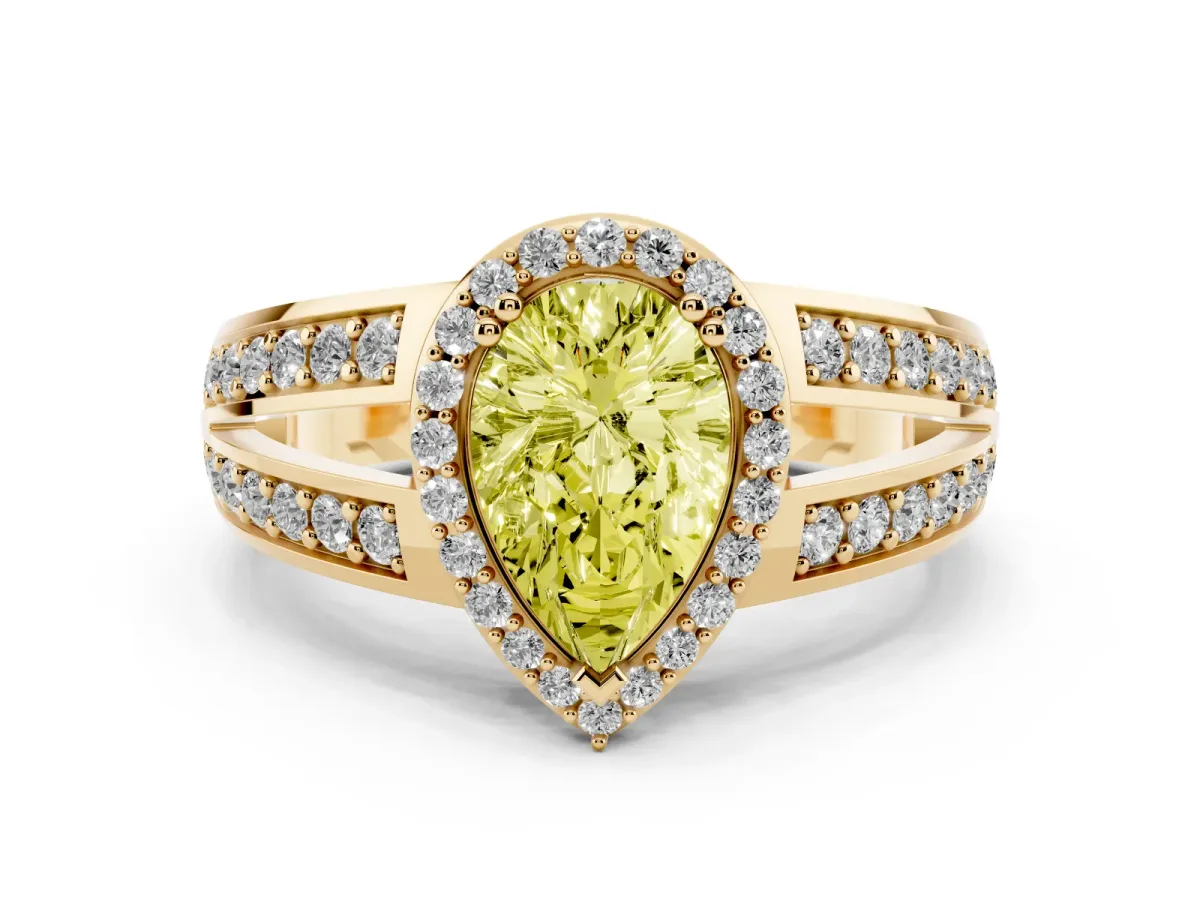 Fancy Yellow Pear Cut Diamond Halo Ring Set in Yellow gold with Double Pavé Split Shank