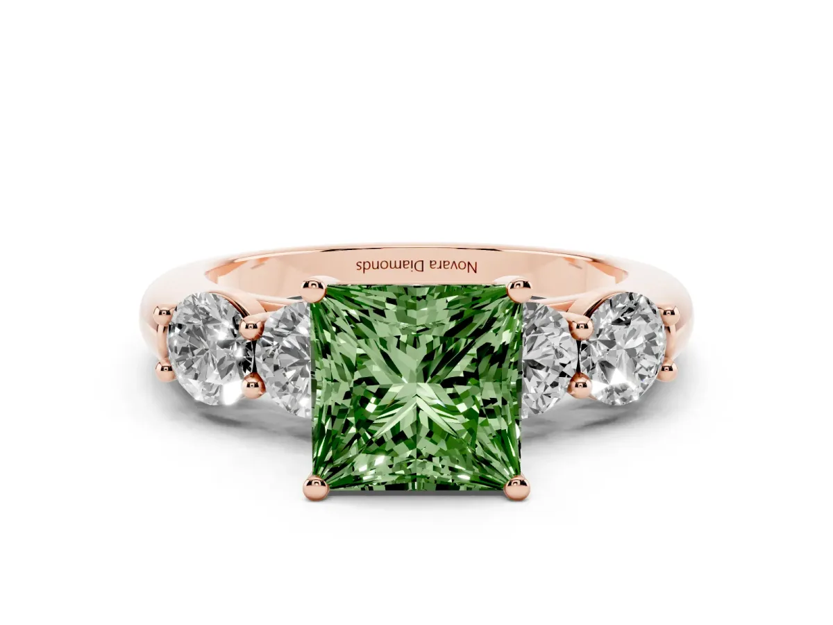Fancy Green Princess Cut Diamond Five-Stone Prong Set Ring Set in Rose gold with Classic Band