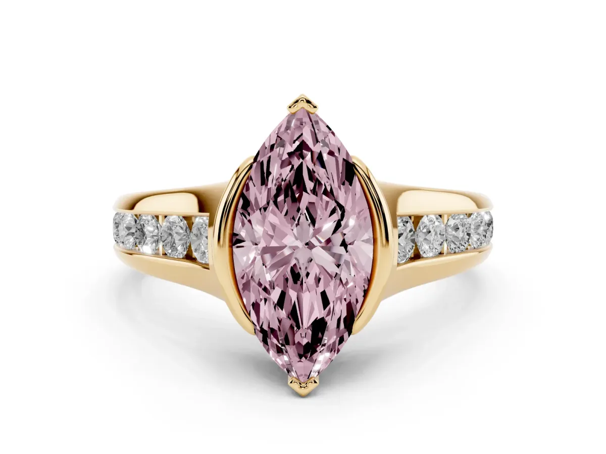 Fancy Pink Marquise Cut Diamond Bezel-Set Solitaire Ring Set in Yellow gold with Channel-Set Band
