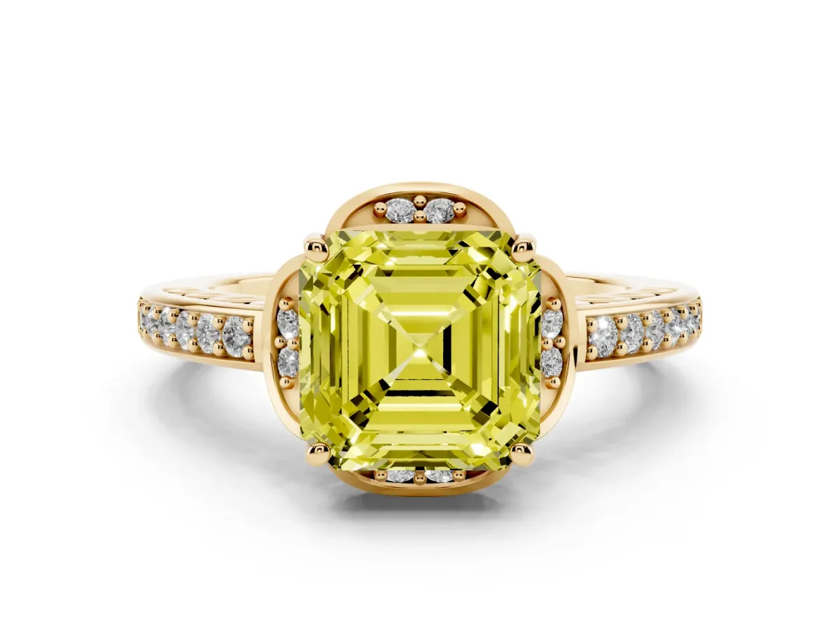 Fancy Yellow Asscher Cut Diamond Halo Ring Set in Yellow gold with Channel Set Band and Prong Setting