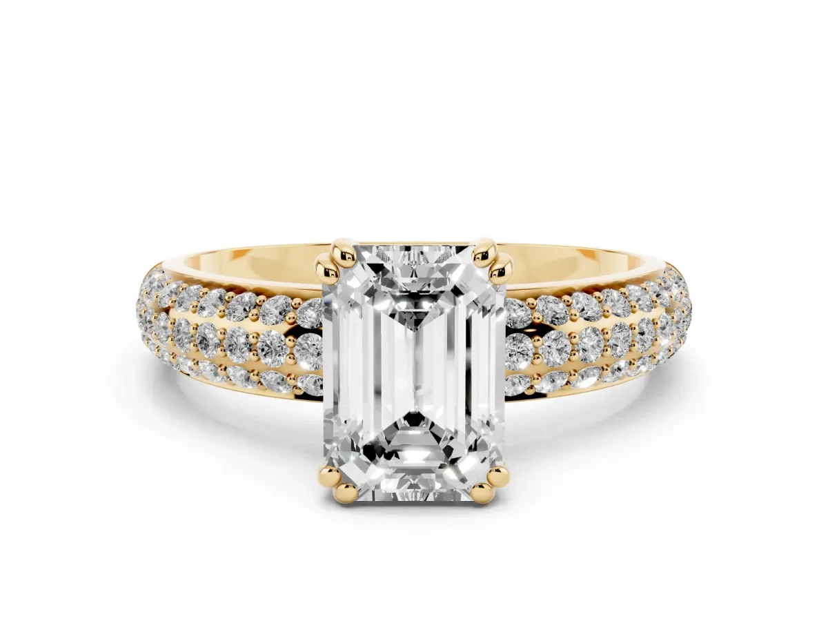 Emerald Cut Diamond Solitaire Ring Set in Yellow gold with Multi-Row Round Pavé Band and Prong Setting